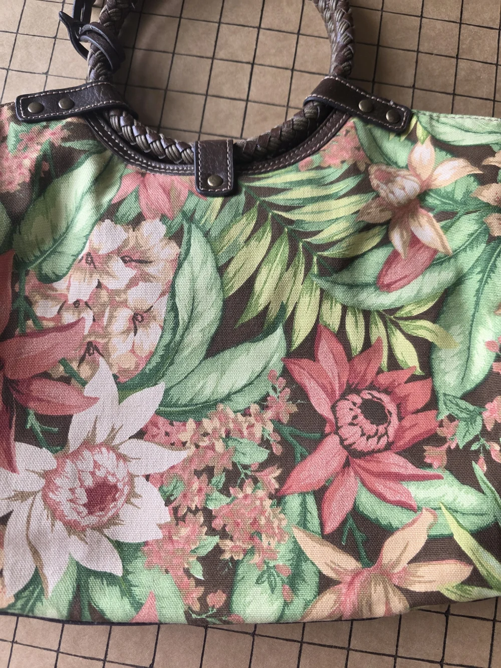 Fossil Spring Floral Canvas Satchel w/ Wooden Key Charm, 16x10, 5” Drop
